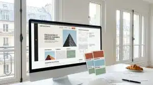 Écran affichant la conception d'un site web moderne dans un bureau professionnel
