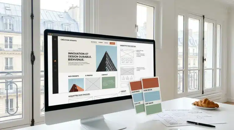Écran affichant la conception d'un site web moderne dans un bureau professionnel