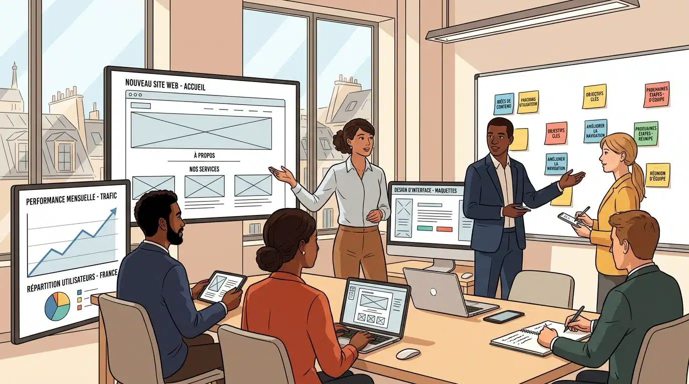 Équipe pluridisciplinaire d'une agence web travaillant sur un projet de site internet
