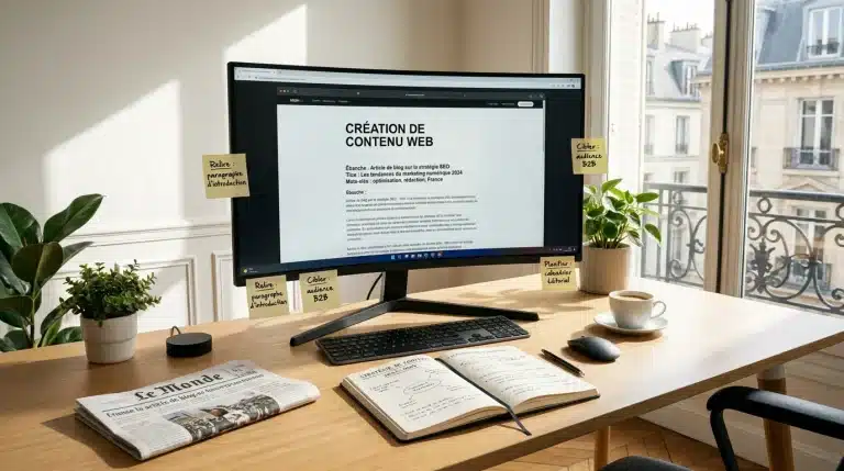 Espace de travail professionnel dédié à la rédaction de contenus web optimisés SEO