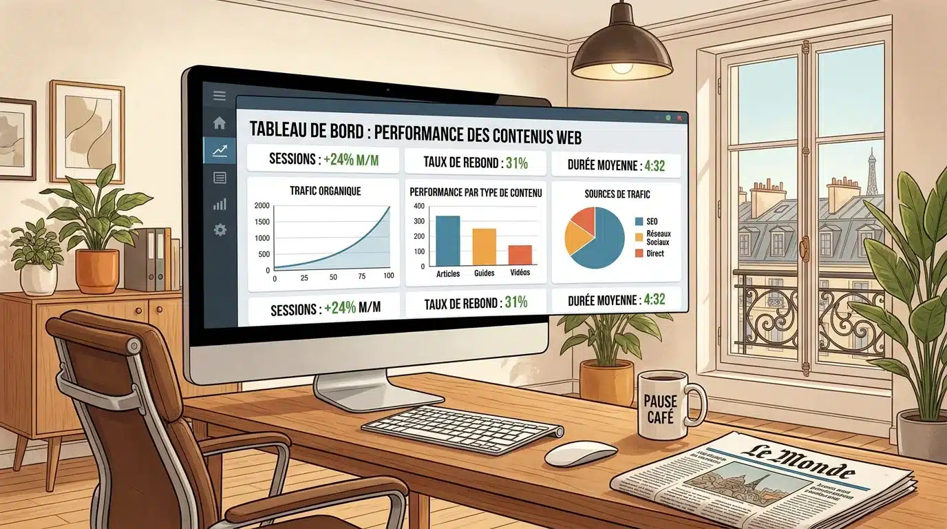 Tableau de bord analytique montrant la croissance du trafic organique grâce aux contenus web optimisés