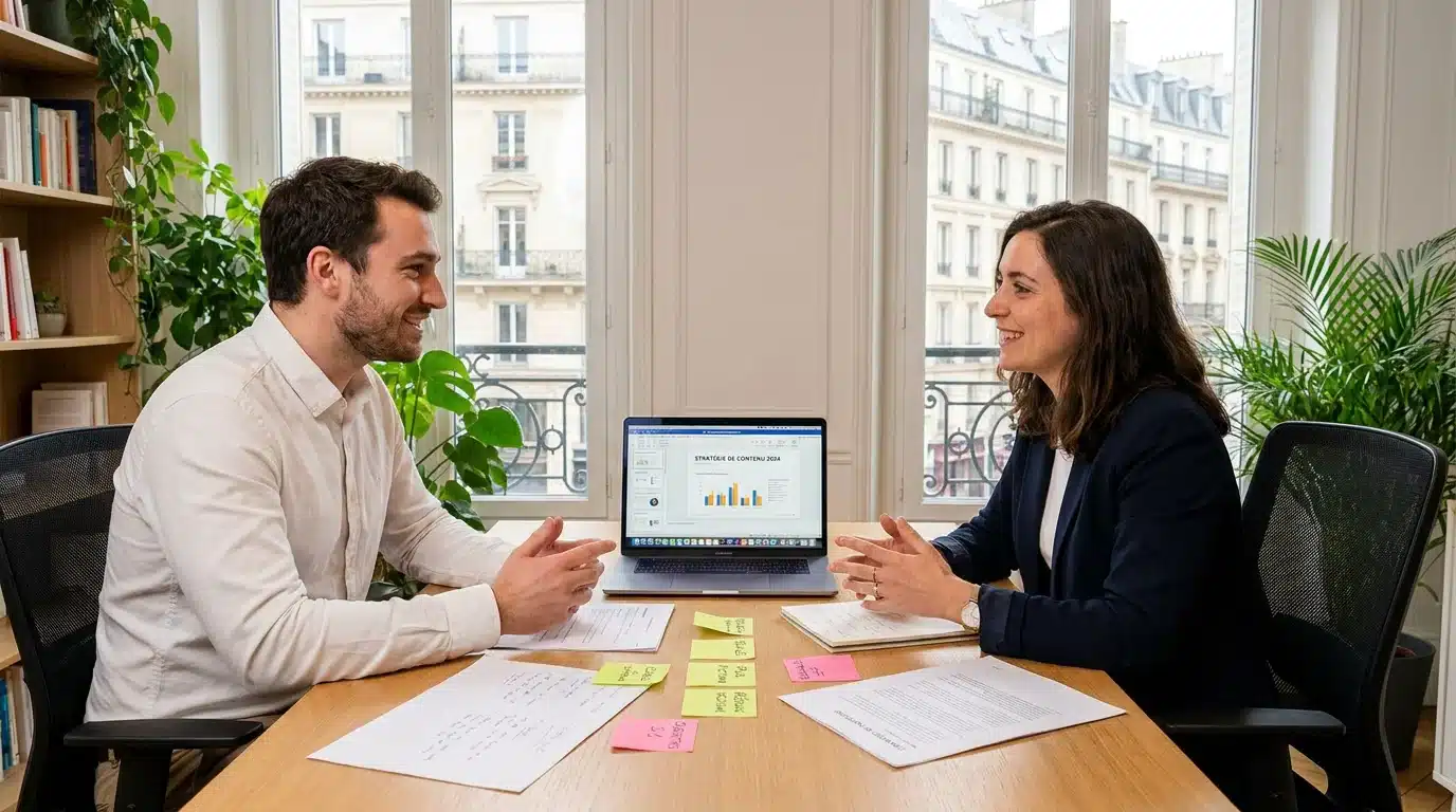 Réunion de travail entre un consultant en rédaction web et un dirigeant d'entreprise pour définir une stratégie de contenu