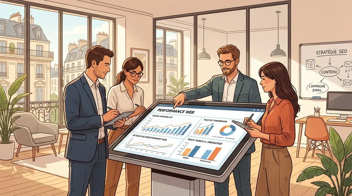 Équipe d'une agence de web marketing analysant des données de performance digitale