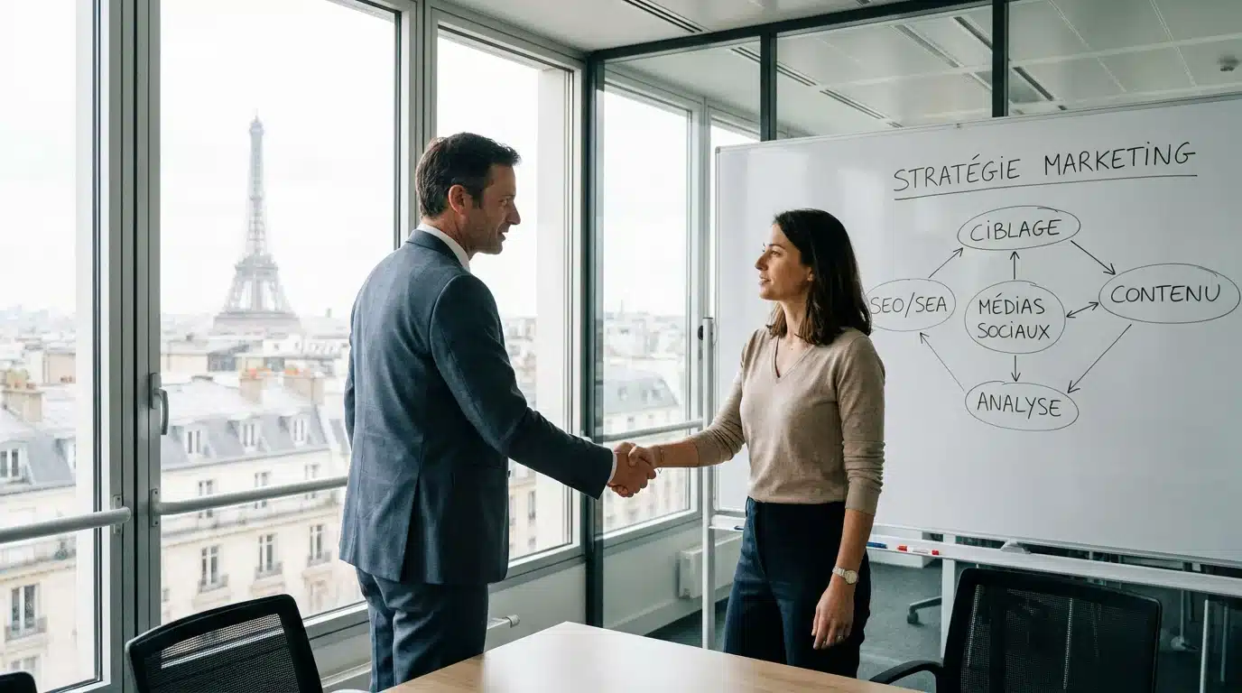 Chef d'entreprise concluant un partenariat avec une agence de web marketing