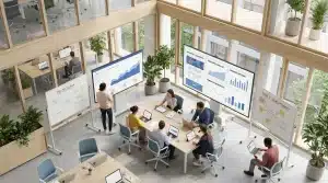 Bureau moderne d'une agence digitale en France avec une équipe travaillant sur des projets web