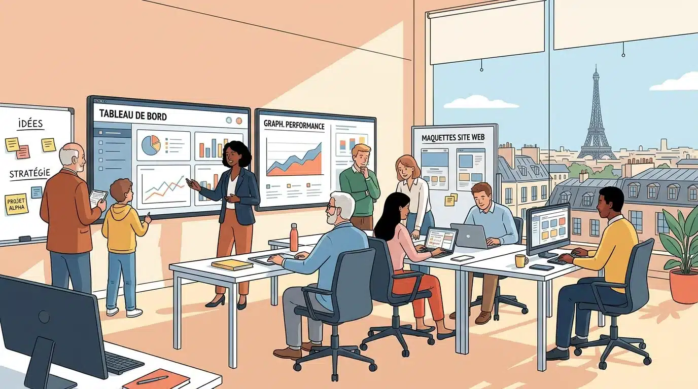 Équipe d'une agence digitale collaborant sur un projet web dans un bureau moderne en France