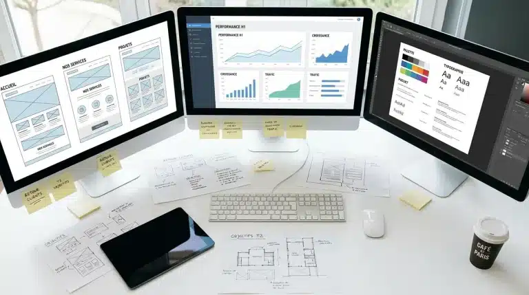 Espace de travail d'une agence de communication web avec écrans et outils digitaux