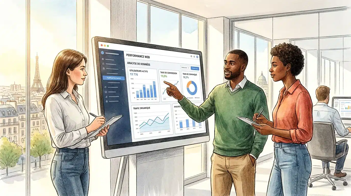 Équipe d'une agence de communication web collaborant sur un projet digital