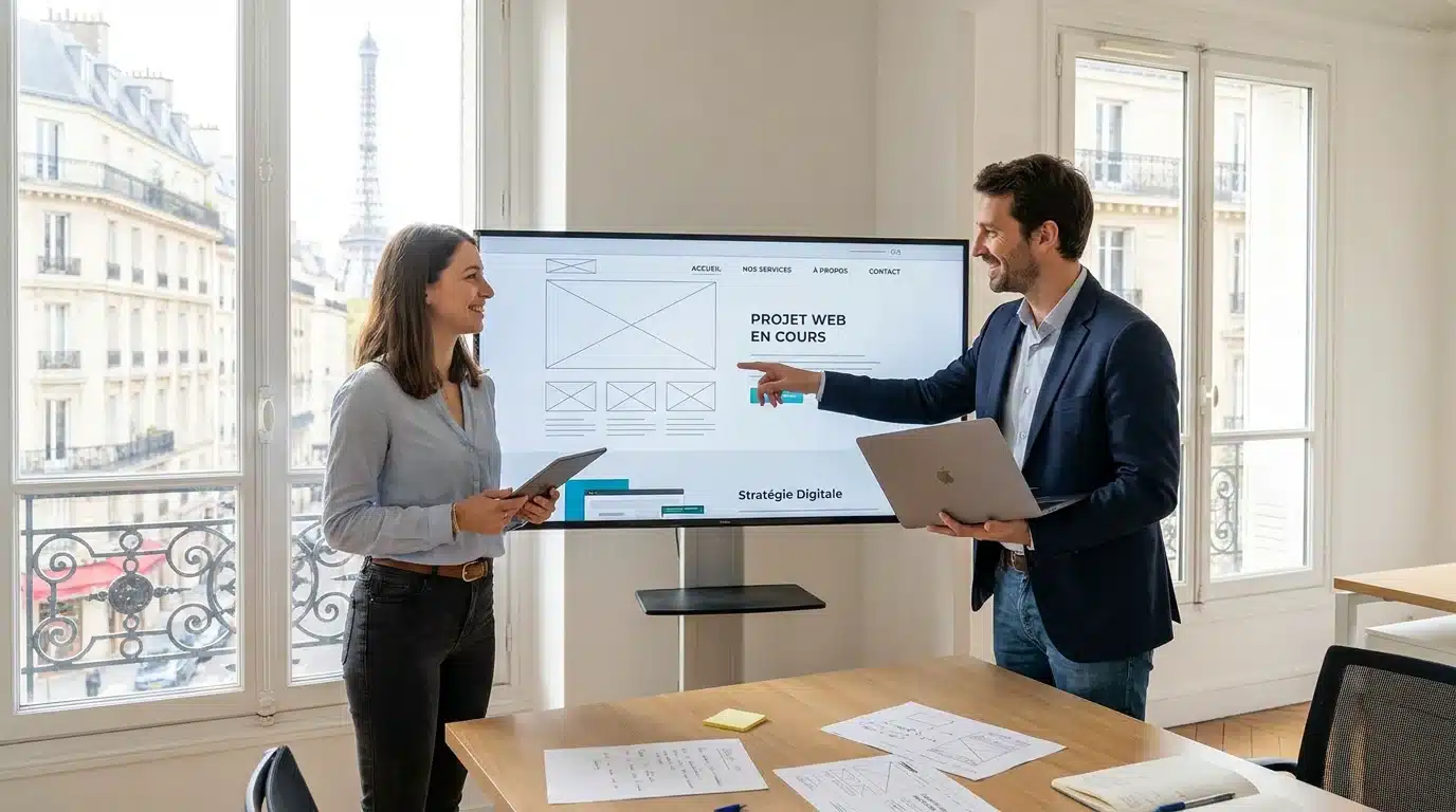 Réunion de conseil entre un webmaster et un dirigeant d'entreprise à Vannes