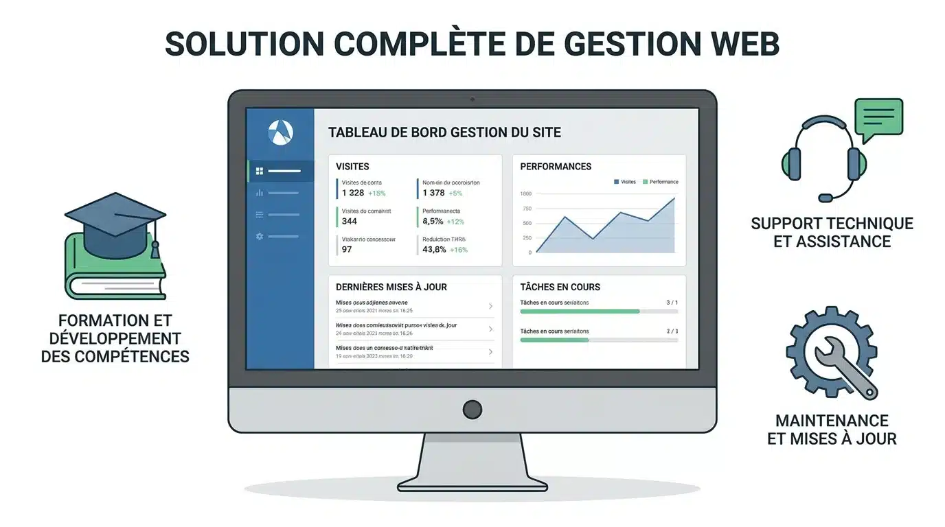 Tableau de bord de gestion de site web avec icônes de formation et de support technique