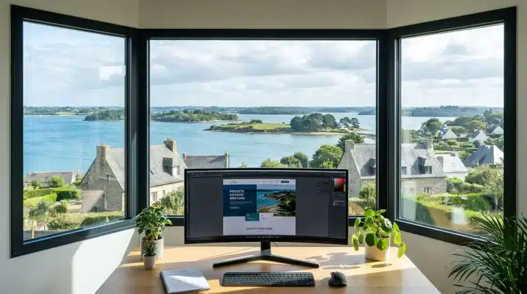 Bureau d'une agence web avec vue sur le Golfe du Morbihan