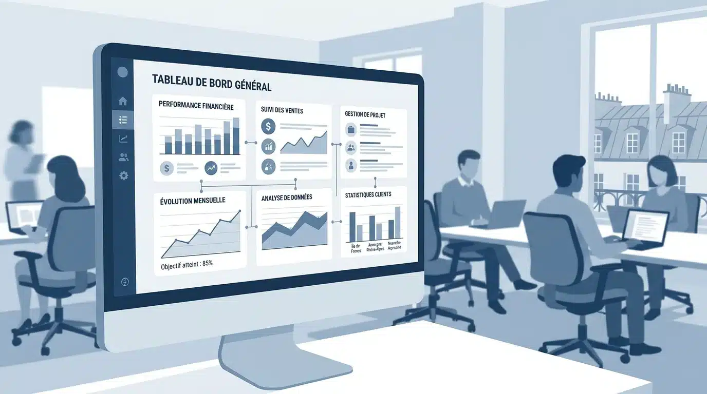Tableau de bord général affichant des graphiques et indicateurs, bureau d’équipe travail sur données et visualisations CRM sur mesure