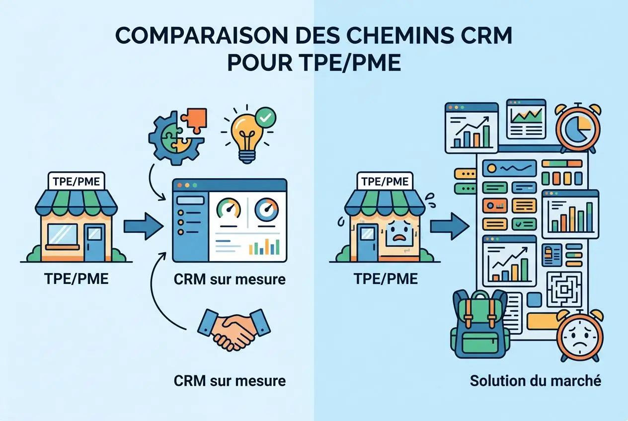 Comparaison des chemins CRM pour TPE/PME illustrée: boutique TPE/PME, CRM sur mesure et solution du marché avec graphiques et indicateurs. comment choisir son crm semble intégré dans le contexte.