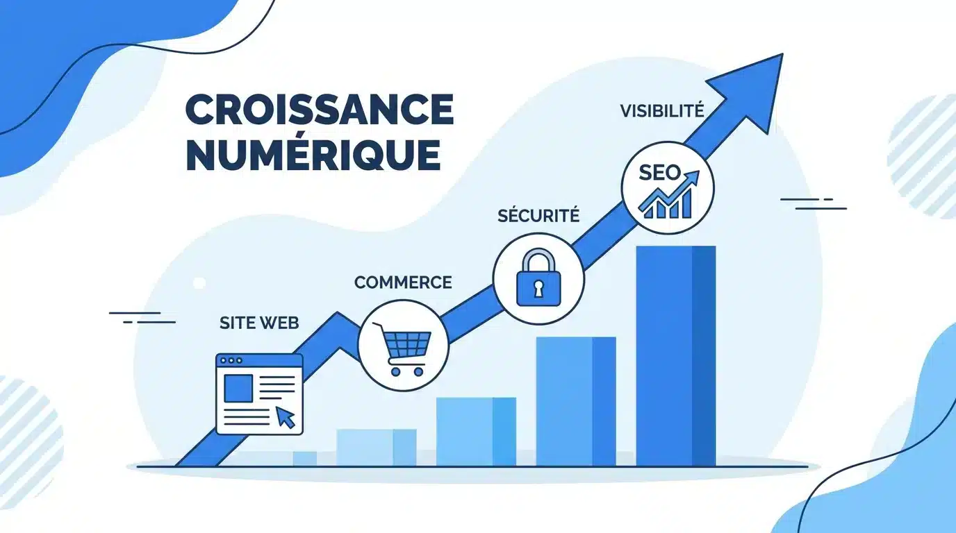Croissance numérique: graphique ascendante illustrant site web, commerce, sécurité et SEO, avec flèche vers la visibilité pour digitaliser mon entreprise.