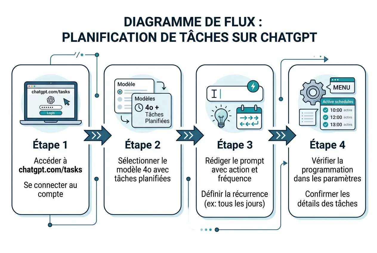 Diagramme de flux illustrant la planification de tâches sur chatGPT, étape par étape: connexion, sélection du modèle 4o+, rédaction et récurrence des prompts, vérification des paramètres et détails des tâches. intégration naturelle: automatiser des tâches avec chatgpt