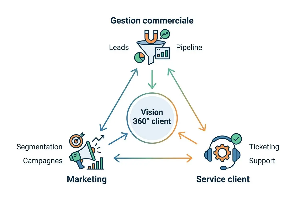 Diagramme sur la gestion commerciale montrant la vision 360° client, avec marketing, service client et leads/pipeline. Integrant le concept: comment choisir son crm.