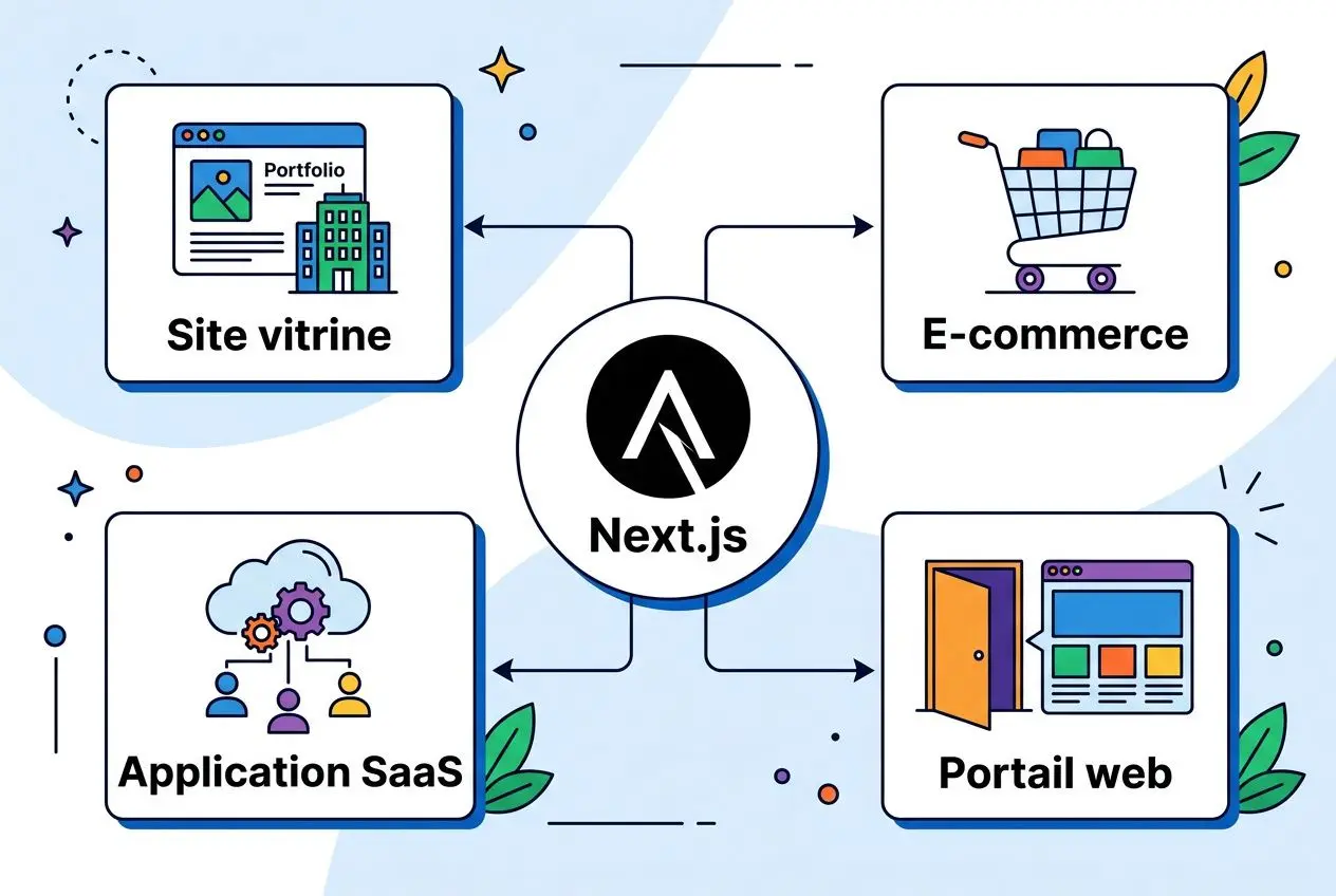 Schéma illustrant Next.js au centre, connectant Site vitrine, E-commerce, Portail web et Application SaaS. Pourquoi utiliser nextjs pour votre app web.
