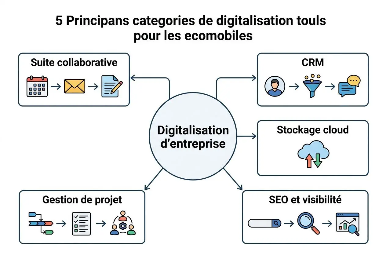 Diagramme montrant cinq catégories de digitalisation d’entreprise autour d’un cœur nommé « Digitalisation d’entreprise » avec : Suite collaborative, CRM, Stockage cloud, Gestion de projet, et SEO et visibilité. intégration du concept de transformation digitale exemple.