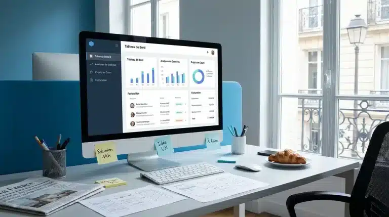 Ordinateur de bureau affichant des graphiques et tableaux sur l’écran, bureau clair avec Post-it, carnets et croissants, ambiance bureau moderne pour améliorer le référencement d'un site web.