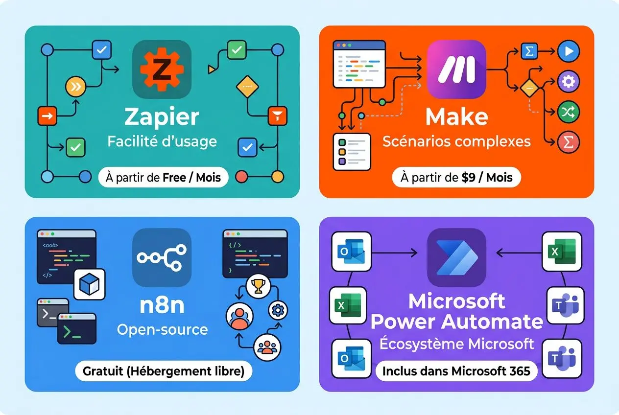Quatre panneaux illustrant des outils d’automatisation: Zapier (rouge/bleu), Make (orange), n8n open-source (bleu), et Microsoft Power Automate (violet) avec icônes et flux de travail; mention "outils automatisation workflow agence".