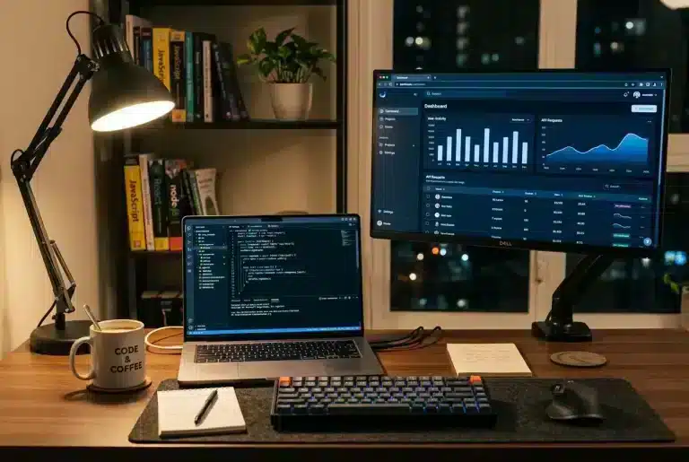 Bureau avec deux écrans montrant des graphiques et du code, ambiance nocturne, lampe de bureau, mug “Code & Coffee” et planches de livres en arrière-plan. Intégration du keyword: stratégie seo pour pme.