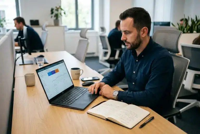 Homme travaillant sur un ordinateur portable dans un bureau, notebook et notes à portée de main, ambiance professionnelle. chatbots IA pour entreprise intégrée.