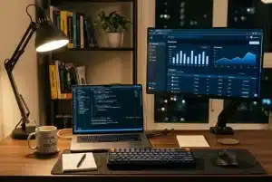 Ordinateur portable et grand écran affichant des données analytics, clavier rétroéclairé, lampe de bureau et plantes en arrière-plan, espace bureau épuré. Mot clé intégré: mots clés seo comment choisir.