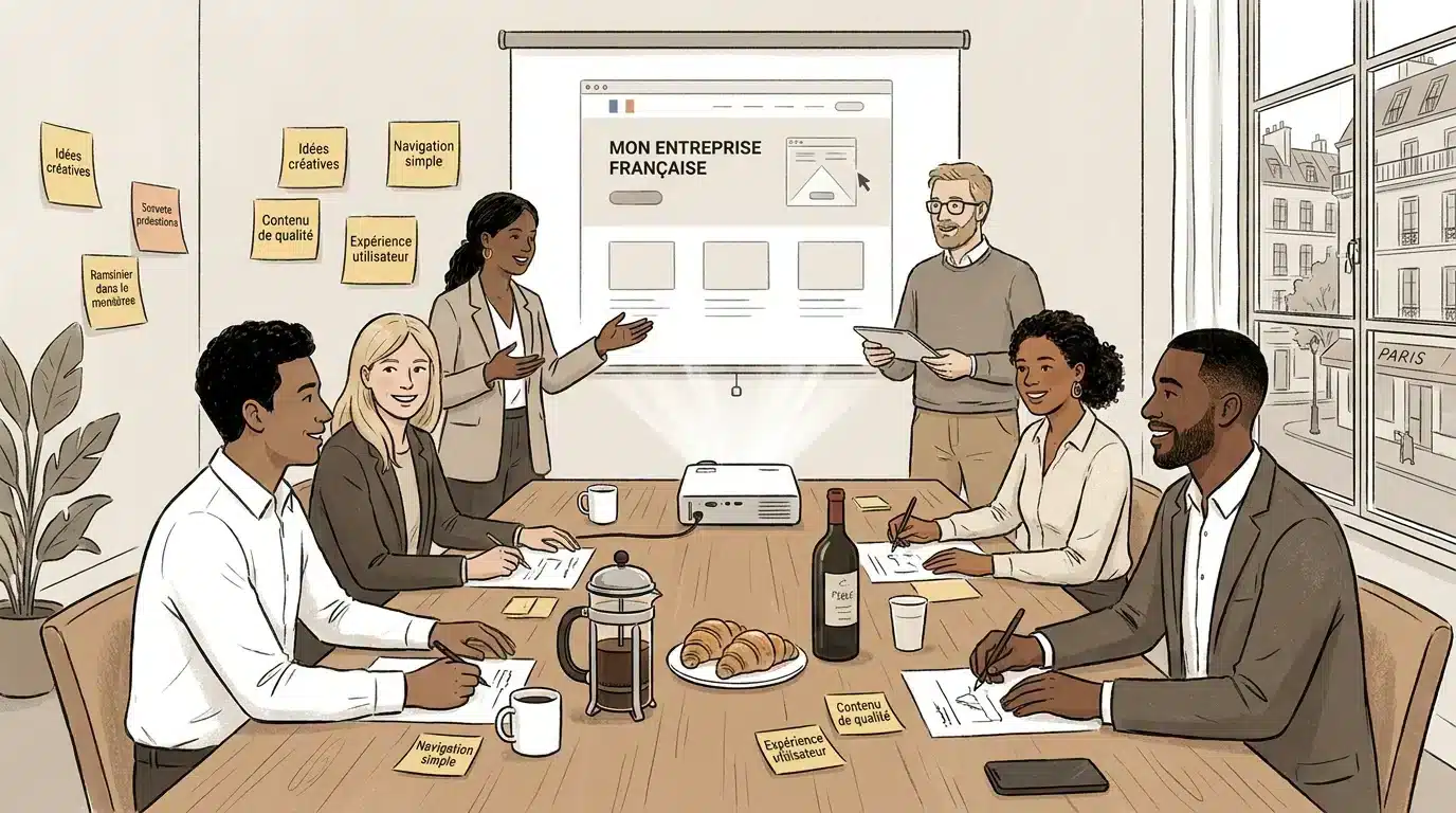 Réunion d'équipe autour d'une présentation sur l’automatisation IA pour agence web, avec échanges et Post-it.