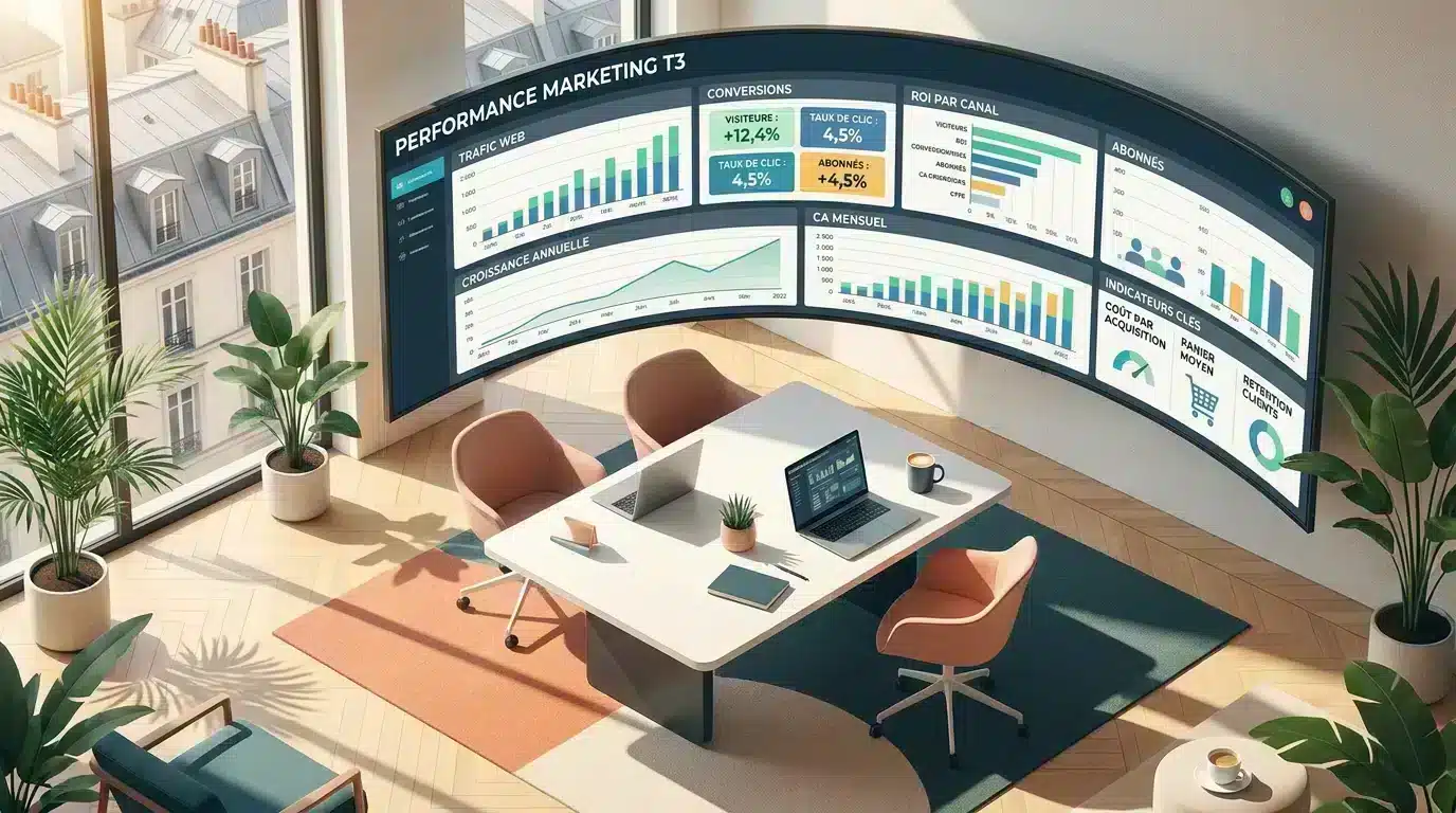 Salle de contrôle marketing avec écrans affichant des graphiques et KPI, station de travail ergonomique et plantes d’intérieur. référencement naturel et payant definition intégré?