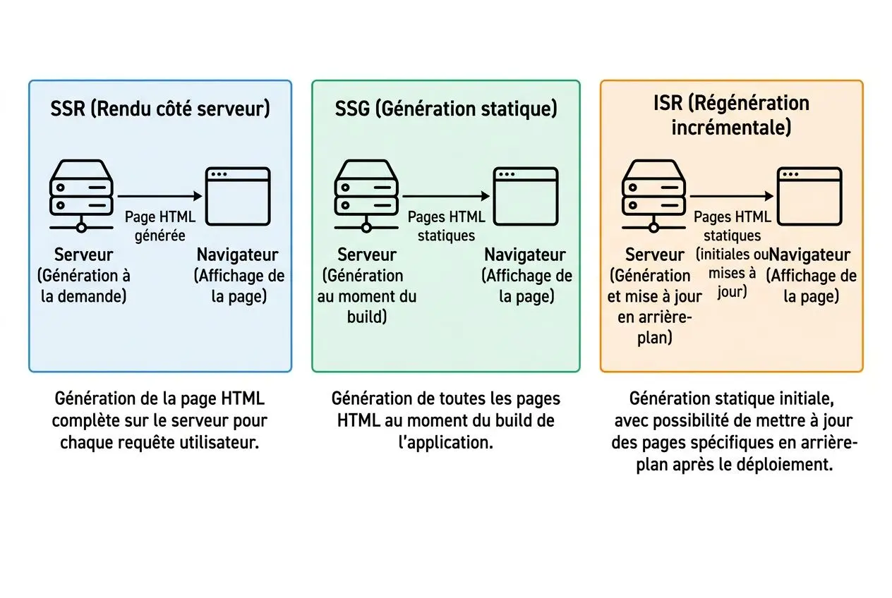 Schéma des 4 piliers du seo montrant SSR, SSG et ISR avec serveurs et navigateurs, illustrant génération côté serveur, génération statique et génération incrémentale.