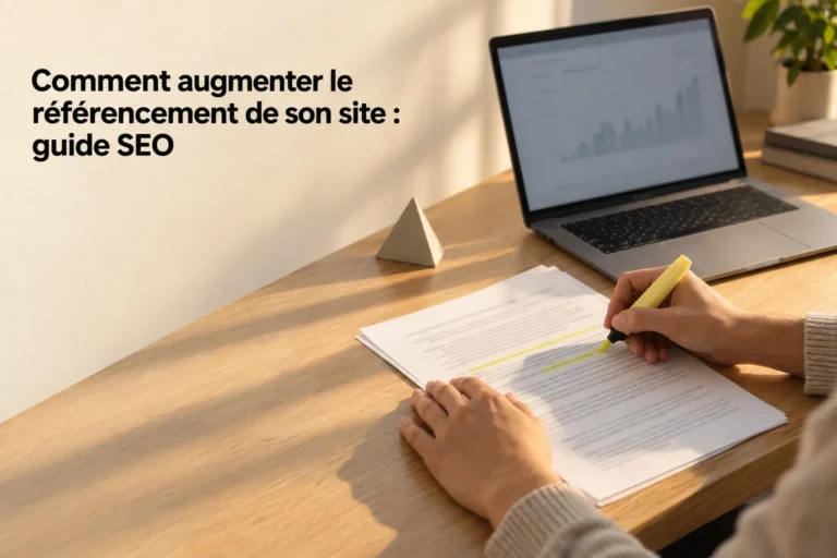 Un humain écrit ou coche des passages sur une feuille blanche posée sur une table en bois, avec un ordinateur portable