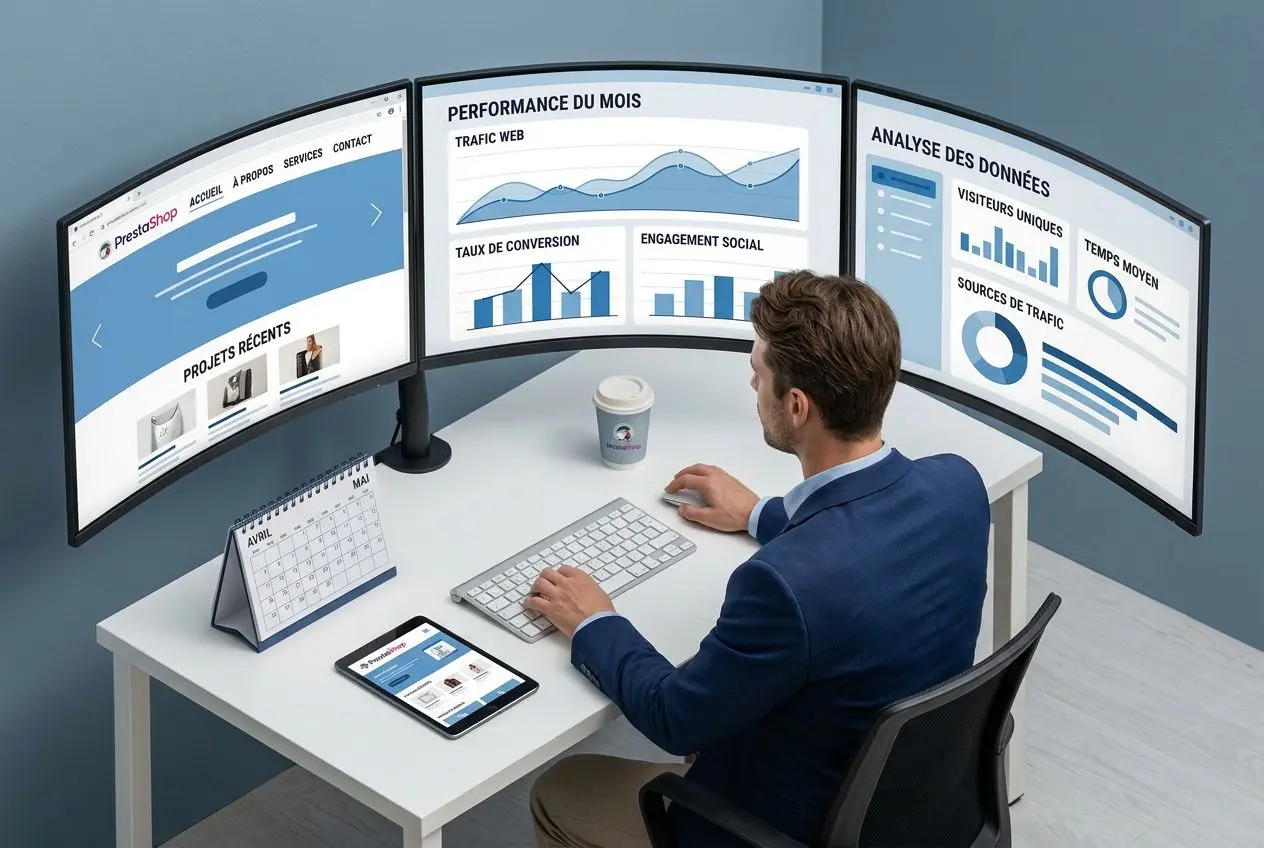 Studio avec trois écrans affichant des tableaux de bord et des graphiques, homme en costume travaillant sur ordinateur et tablette pour une refonte site avec nextjs.