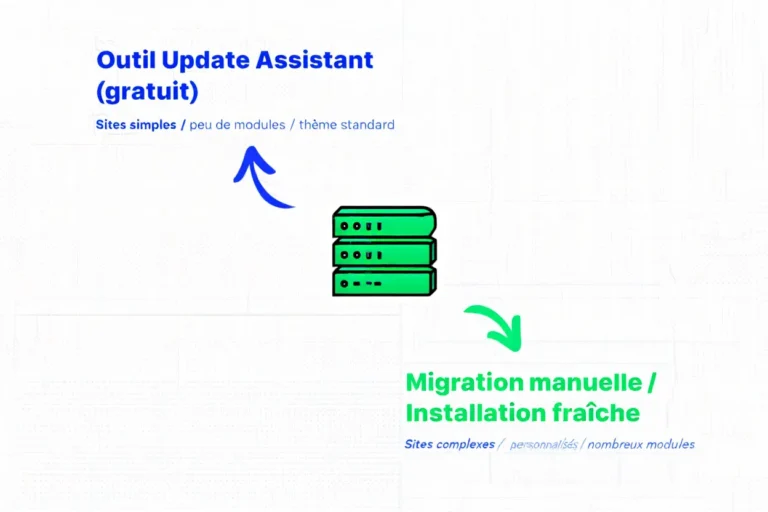 Visuel illustrant une migration PrestaShop: icône de serveurs au centre avec flèches bleu et verte indiquant une refonte prestashop 1.7 vers installation et migration manuelle.