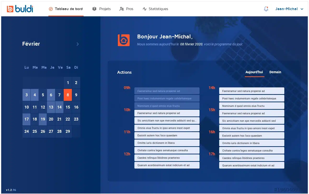 Capture d’écran montrant un tableau de bord bleu avec un calendrier sur la gauche et une colonne d’actions/déroulement sur