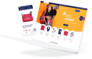 Écran d’ordinateur et smartphone affichant une boutique en ligne avec des vitrines de produits et des accessoires colorés.