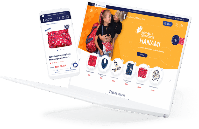 Écran d’ordinateur et smartphone affichant une boutique en ligne avec des vitrines de produits et des accessoires colorés.