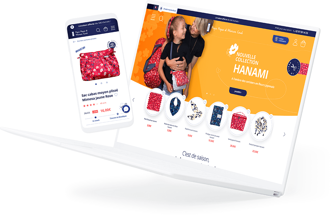 Écran d’ordinateur et smartphone affichant une boutique en ligne avec des vitrines de produits et des accessoires colorés.