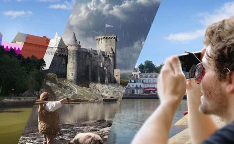 Une personne prend une photo avec un appareil photo, devant un paysage mêlant château et ville.