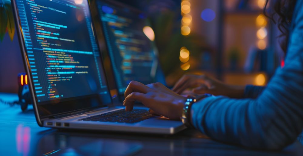 Une personne tape sur un clavier devant un laptop ouvert affichant du code informatique.