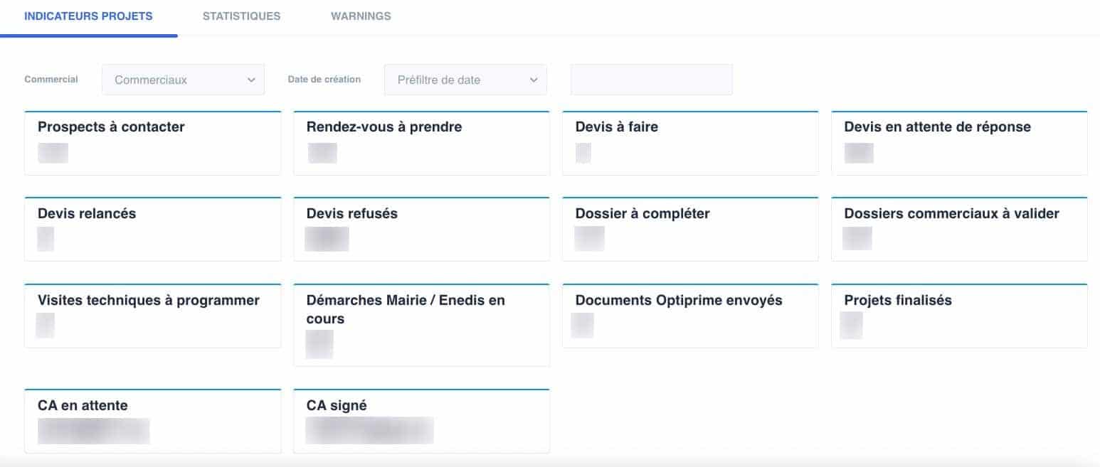 Tableau affichant plusieurs étiquettes de projets et d’étapes du suivi dans une interface de gestion.