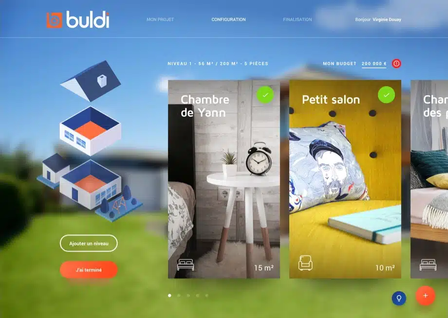 Visuel montrant une interface de configurateur immobilier avec plusieurs cartes de pièces affichées sur fond bleu,