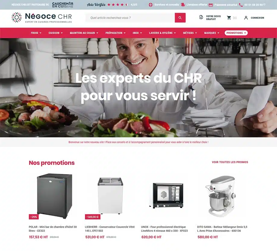 Vue d’enseigne d’un site de vente en ligne de matériel et appareils de cuisine avec des promotions sur plusieurs produits.