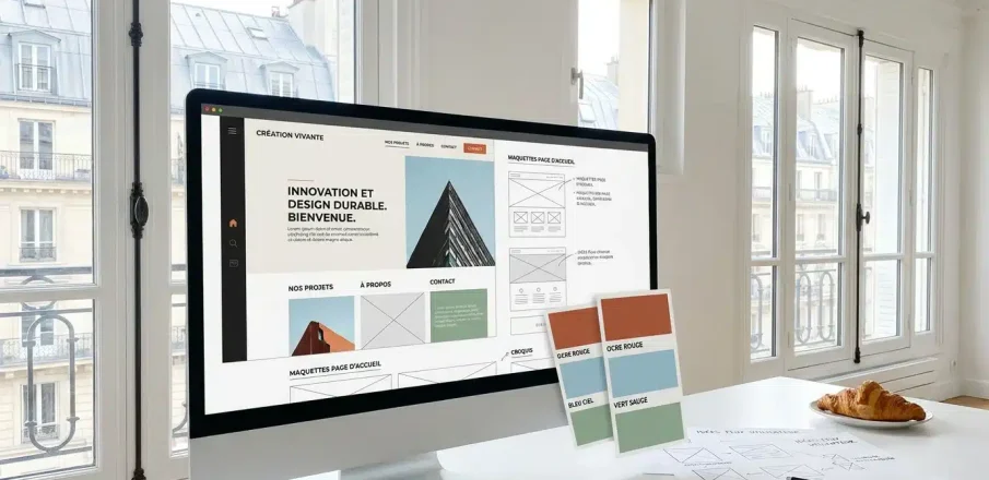 Écran affichant la conception d'un site web moderne dans un bureau professionnel