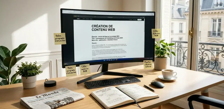Espace de travail professionnel dédié à la rédaction de contenus web optimisés SEO