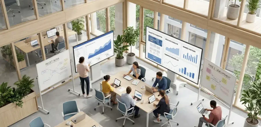 Bureau moderne d'une agence digitale en France avec une équipe travaillant sur des projets web