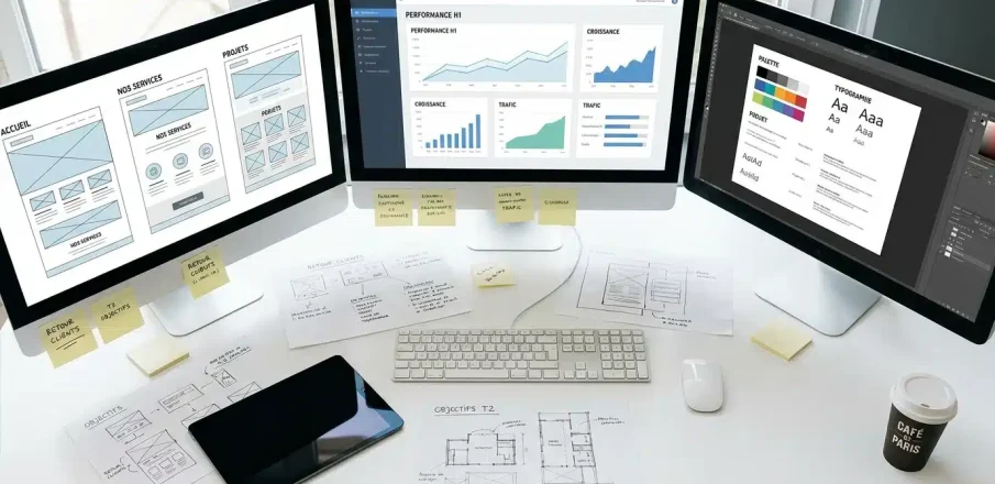 Espace de travail d'une agence de communication web avec écrans et outils digitaux