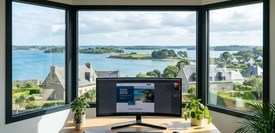 Bureau d'une agence web avec vue sur le Golfe du Morbihan