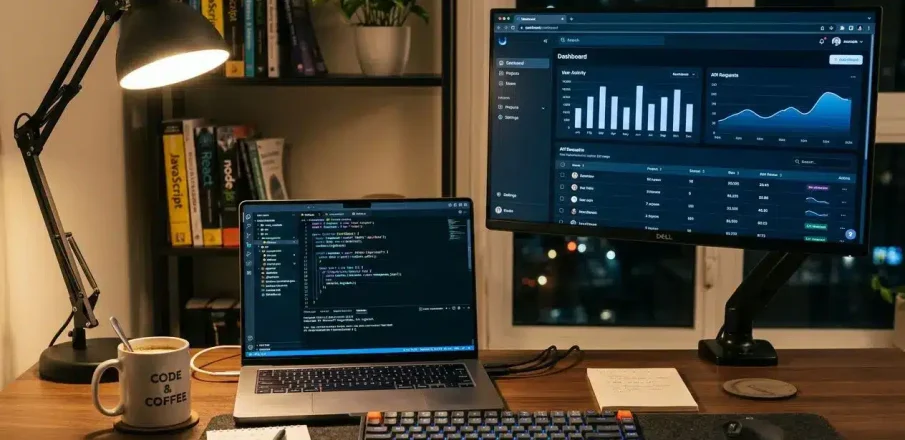 Bureau de développeur avec écran affichant un tableau de bord, ordinateur portable en façade montrant du code, et grande seconde écran; lampe de bureau, mug “CODE & COFFEE”, plantes et livres en arrière-plan. Pourquoi utiliser nextjs intégré naturellement?