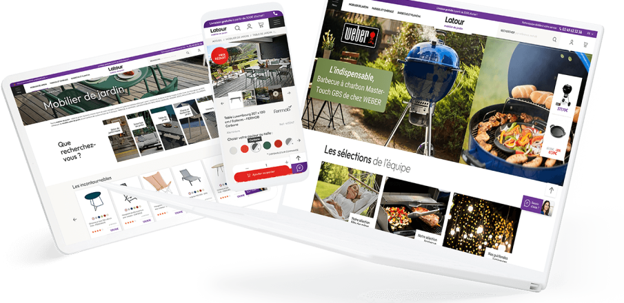 Capture montrant des captures d’écran de sites web affichés sur différents écrans, présentant des pages de meubles et de