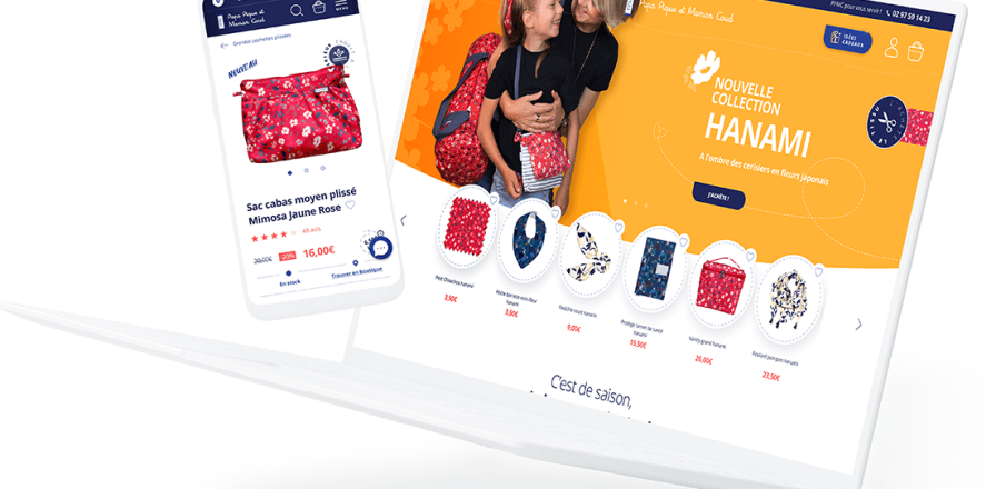 Écran d’ordinateur et smartphone affichant une boutique en ligne avec des vitrines de produits et des accessoires colorés.